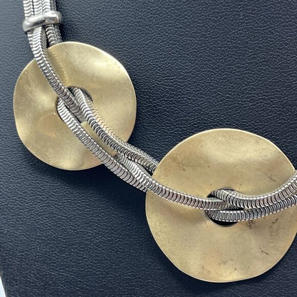 Vintage Modernist Goldtone Hammered Discs On 3 Strand Silvertone Chain Necklace - Picture 2 of 7